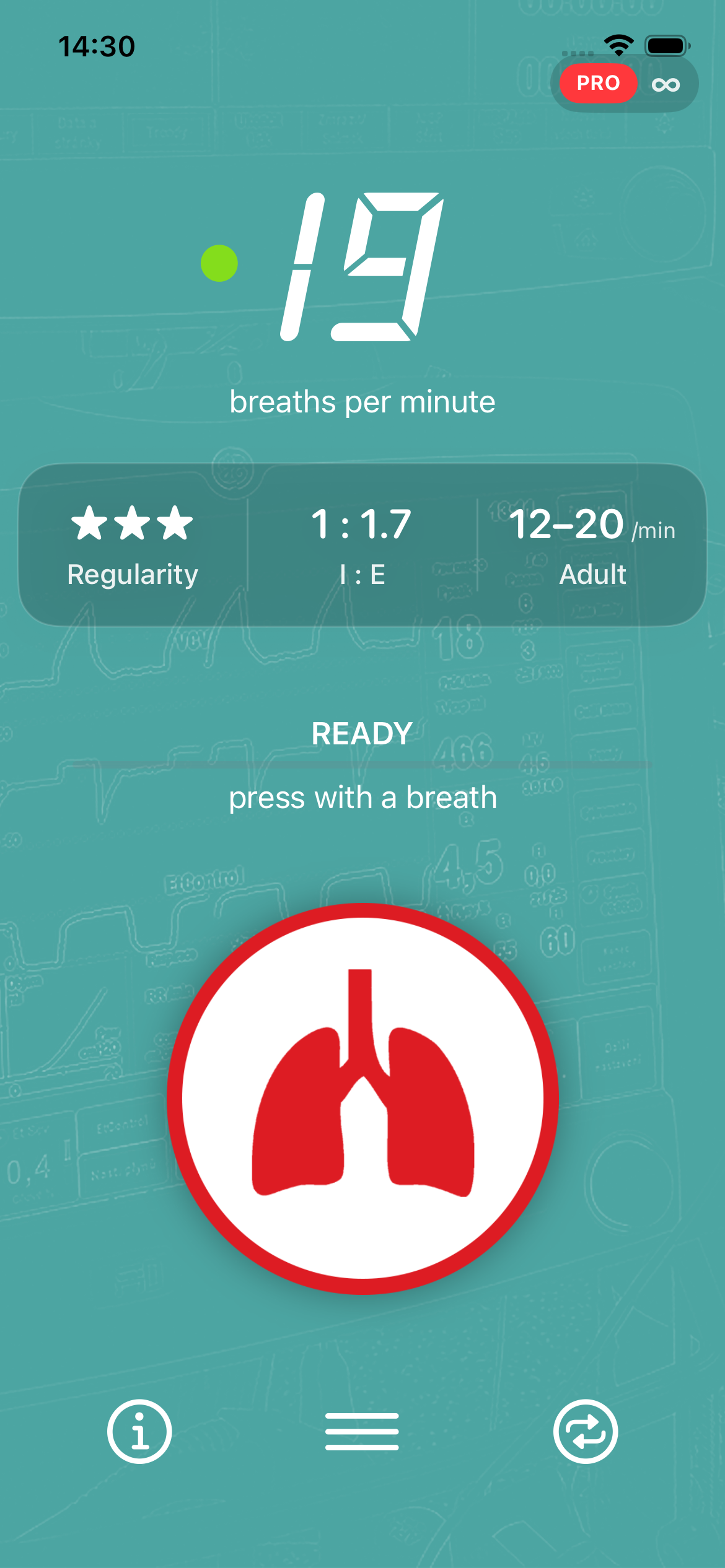Actual Respi-Rate app screen showing a respiratory rate of 19 breaths per minute, regularity, I:E ratio and the lungs button